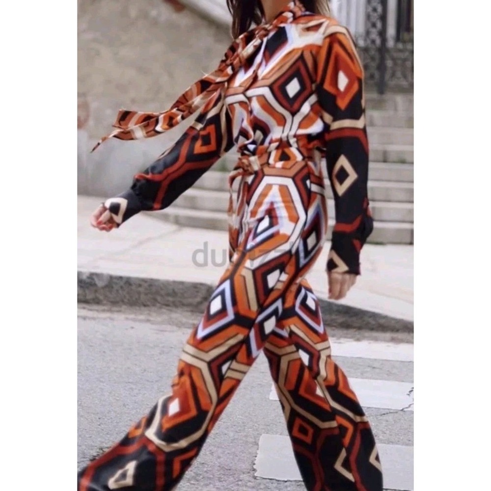 Zara Satin Geometric Jumpsuit Retro 70s Print Long Sleeve Wide Leg NWT Sz M - Picture 2 of 14